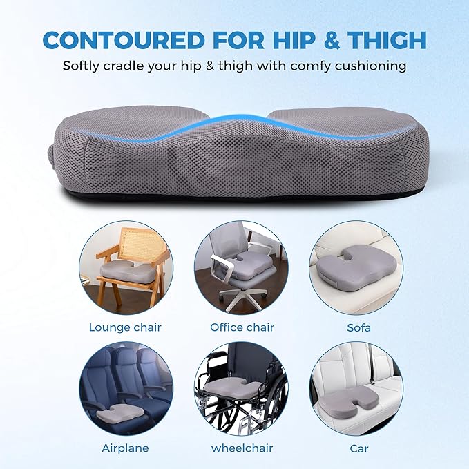 Extra Large Memory Foam Seat Cushions for Office Chairs, Car, Airplane, Wheelchair– Relieves Lumbar, Orthopedic, Sciatic, Coccyx and Back Pain – Comfortable Non-Slip – Bonus Carry Bag Included (Gray)