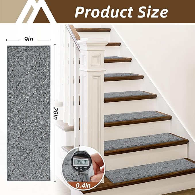 COSY HOMEER Stair Treads for Wooden Steps 9"x28" Washable Indoor Carpet Stair Treads Non Slip Soft Polyester Stair Carpet Tread Reusable Stair Runner Rugs for Kids, Elders,Pets,Medium Grey,7pcs