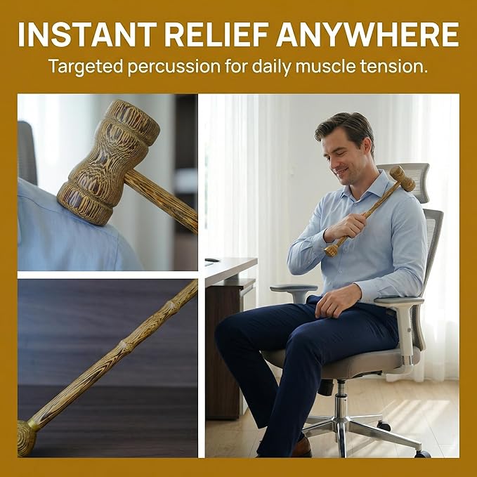 2 in 1 Wooden Back Scratcher and Massager Hammer, Long Handle Manual Back Tapper for Itching Relief, Muscle Relaxer for Back Neck Shoulder, Portable Handheld Massage Tool for Adults Elderly