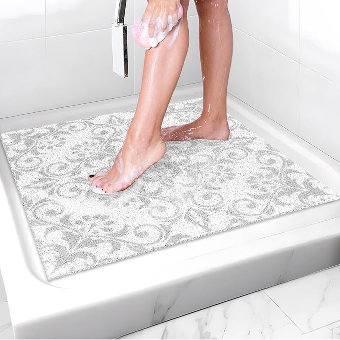 Non Slip Shower Mat: 24 X 24 Inch Stylish Square Shower Mats for Inside Shower - Soft PVC Loofah Trimmable Anti Slip Shower Mat for Elderly, Quick Drying