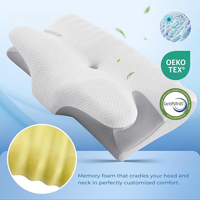 BDEUS Ergonomic Cervical Pillow for Side Sleepers, 2-in-1 Contour Orthopedic Memory Foam Pillow for Neck Shoulder Pain Relief, Sleep Apnea, Anti Snore, Pillow with Arm Rest, Head Cradle, White