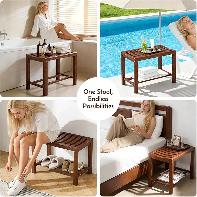 Rubber Wood Shower Bench, Non-Slip Waterproof Wooden Shower Stool for Adults & Elderly, Sturdy Bath Seat for Inside Shower or Tub – 24.02" D x 14.96" H x 6.3" W