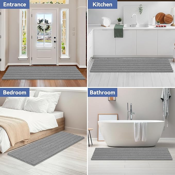 Bcoimo Long Bathroom Rug, Chenille Bath Runner with High Low Pile Design, Soft Absorbent Non Slip Bath Mat, Machine Washable Quick Dry Rug for Shower, Tub, Sink and Vanity