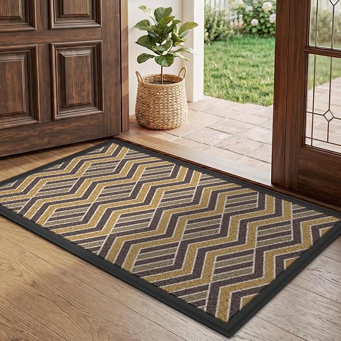 LUMI Front Door Mat 30x48, Low-Profile Non-Slip Welcome Mat for Indoor Outdoor, Stain & Fade Resistant Geometric Door Mat for Entryway Patio Porch, Zig-Amber