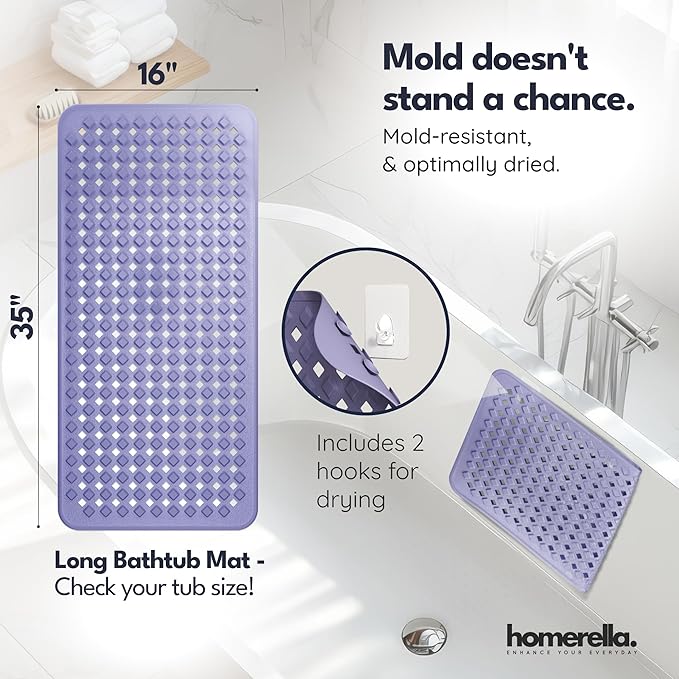 Bathtub Mat Non Slip 35x16 - homerella® Bath Mat Incl. Hooks for Drying, Extra Long, 100% BPA Free, Shower Mat Non Slip Anti Mold, Machine Washable, Shower Mats for Inside Shower Mildew Resistant