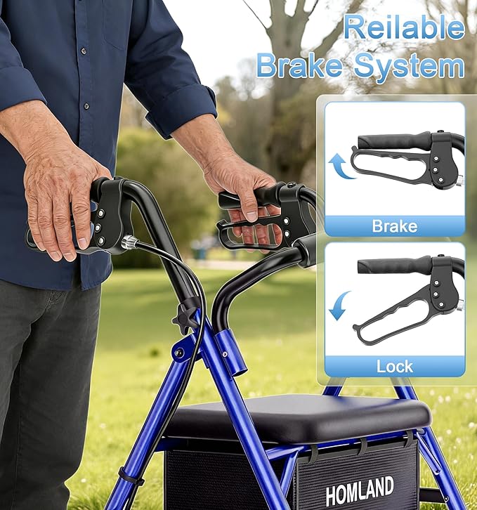 16 Pounds Lightweight Walkers for Seniors with Seat, Narrow Rolling Walker with 4 Puncture-Resistant Wheels, 5-Level Height Adjustable, 300 lbs Weight Capacity (Blue)