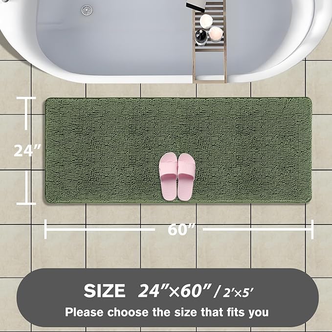 Bathroom Runner Rug 24 x 60 Inch – Extra Large Long Bath Mat | Absorbent and Washable Thick Chenille Bath Rug Non-Slip Runner Rug for Bathroom, Shower, Sink(Loden Green)