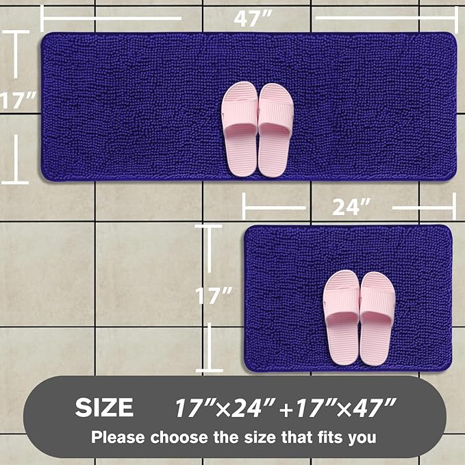 Bathroom Rugs Sets 2 Piece – Absorbent and Washable Bath Mat, Non-Slip, Thick Soft Chenille Bath Rugs for Bathroom Floor, Shower, Sink(17" x 24"+17" x 47", Royal Blue)