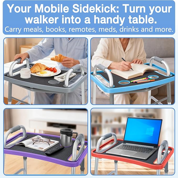 Walker Tray for Seniors with Dual Cup Holders, Side Pouch and Non-Slip Pad, Lightweight Durable Food & Drink Table, Compatible with Walker of 10210-1 Model (Blue)