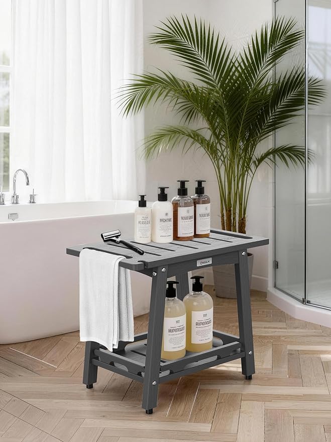 22" Large Shower Bench Seat, Non-Slip Shower Benches for Inside Shower to Sit on, HDPE Waterproof Shower Stool, Shower Chair with Adjustable Feet for Bathroom, Indoor/Outdoor Use, Grey