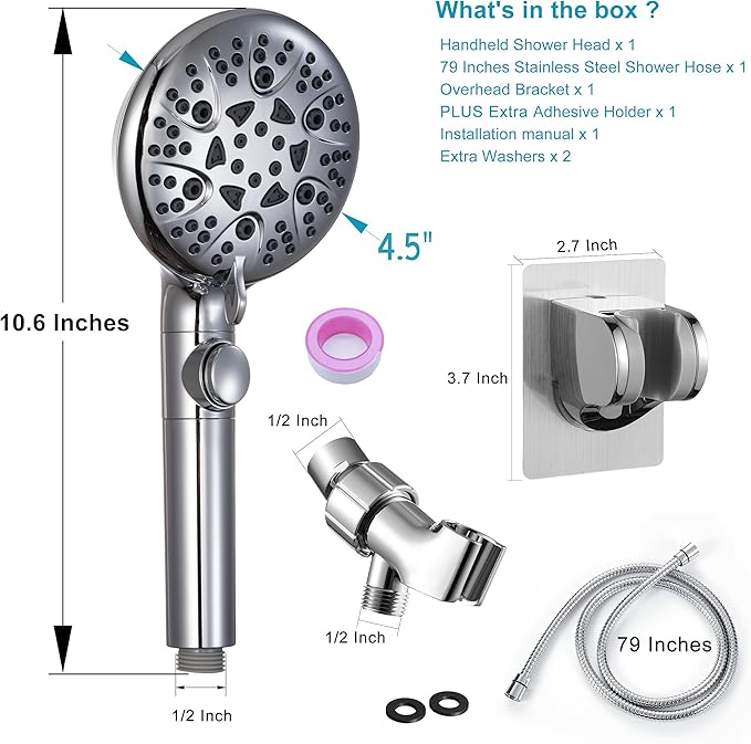 Handheld Shower Head with ON/OFF Switch,Detachable 8 Mode High Pressure Shower Wand with Long Hose and Bracket PLUS Extra Adhesive Holder for Lower Mount,Built-in Power Wash to Clean Tub,Silve