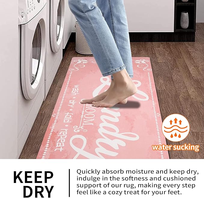 XLHOMO Laundry Room Rug Runner, 17"x60" Non Slip Pink Nappa Leather Laundry Rugs, Farmhouse Washable Floor Laundry Mats for Laundry Room, Kitchen, Washroom, Bathroom, Mudroom, Hallway Entryway Decor