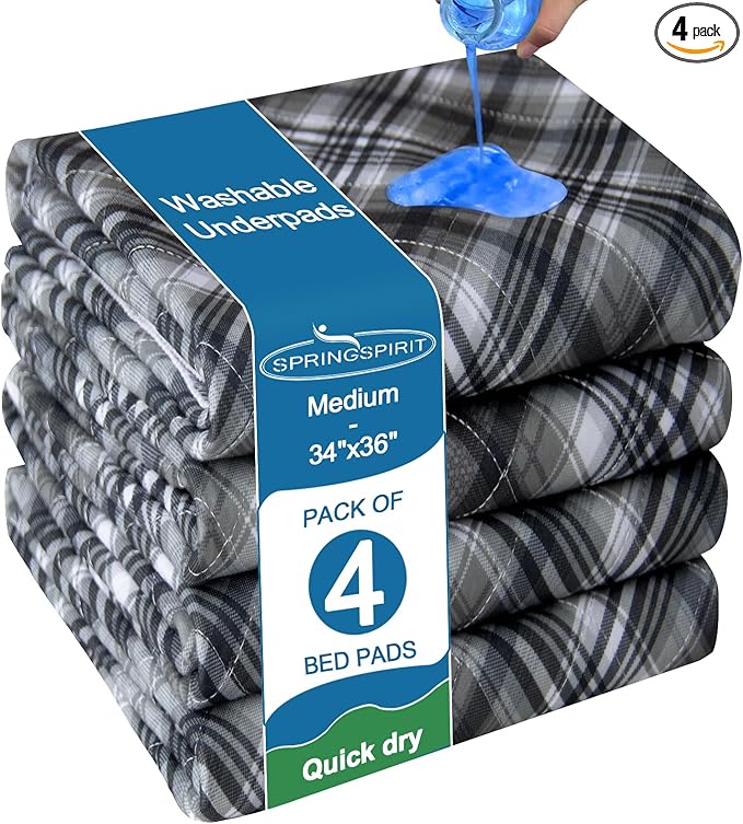 SPRINGSPIRIT Washable Underpads 4 Pack 34” x 36” Heavy Absorbency Reusable Incontinence Bed Wetting Pads, Waterproof Chucks Pads for Kids, Adults, Elderly, and Pets, Washable Pee Pads for Dogs, Plaid