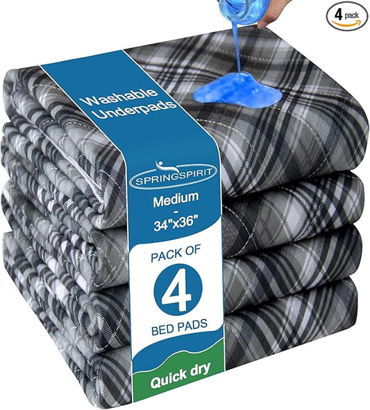 SPRINGSPIRIT Washable Underpads 4 Pack 34” x 36” Heavy Absorbency Reusable Incontinence Bed Wetting Pads, Waterproof Chucks Pads for Kids, Adults, Elderly, and Pets, Washable Pee Pads for Dogs, Plaid