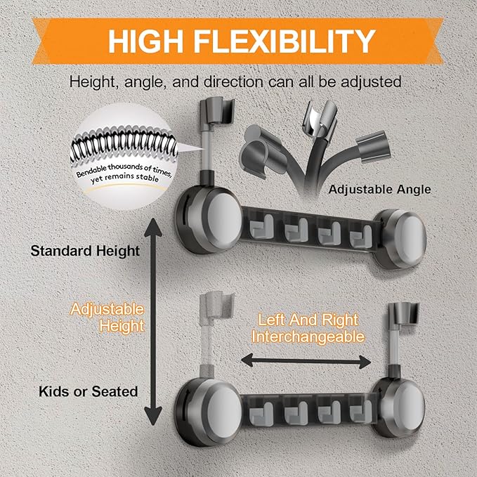 Shower Head Holder Suction Cup with 4 Hanger Hook Wall Mount - 2 in 1 Design - No-Drill Strong Adhesive Shower Wand Bracket - Adjustable Handheld Shower Head Mount - Gun Gray