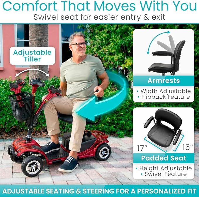 Vive 4 Wheel Mobility Scooter - Electric Powered Wheelchair Device - Compact Heavy Duty Mobile for Travel, Adults, Elderly (Red Fire)
