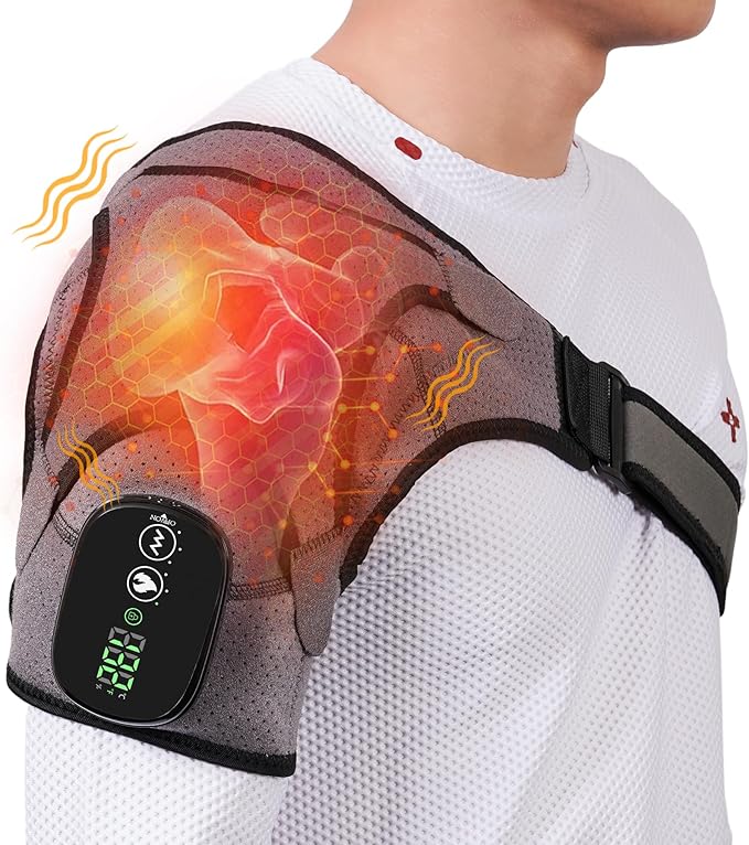 Cordless Shoulder Heating Pad with Massage, Electric Heated Shoulder Wrap with 3 Vibration & 3 Heat, Heating Pads for Rotator Cuff and Frozen Pain Relief,5000mAh Chargeable Powered,Men&Women