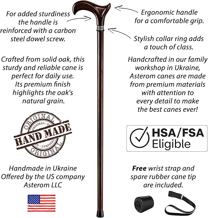Asterom Handcrafted Walking Cane - Ergonomic, Wooden - Canes for Men - Walking Sticks for Seniors, Unique, Wood