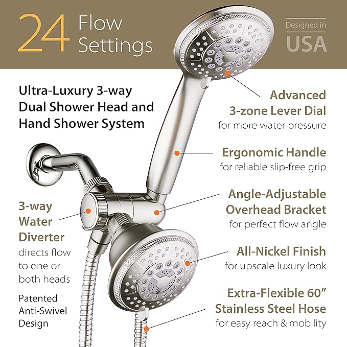 1733 Handheld Showerhead & Rain Shower Combo. High Pressure 24 Function 4" Face Dual 2 in 1 Shower Head System with Stainless Steel Hose, Patented 3-way Water Diverter in Nickel Finish