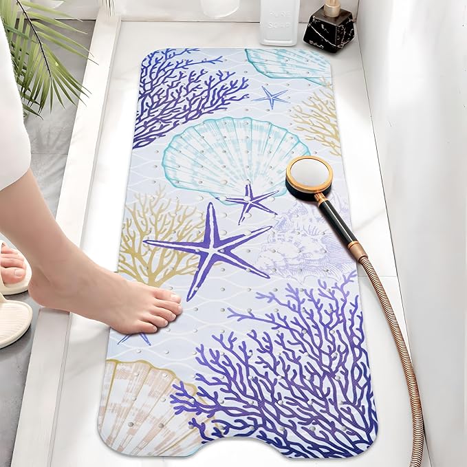 Ocean Bathtub Mat Non Slip, Cute Baby Bath Mat for Tub Rubber Tub Mat, Coral Seashells Toddler Kids Bath Mats for Bathroom Anti Slip Shower Mat with Suction and Drain Holes Machine Washable, 40″x16″