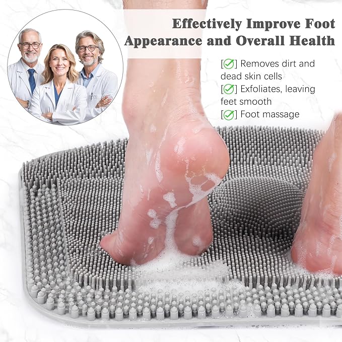 FREATECH Large Shower Foot Scrubber Mat, Silicone Foot Cleaner Brush to Clean, Exfoliate and Massage Feet Without Bending Over, Improve Foot Appearance and Overall Health, Grey - 17.3" x 13"