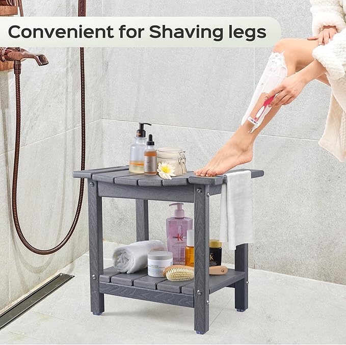 LyriFine Shower Bench - HDPE Waterproof Shower Bench for Inside Shower, 18.7" Shower Stool with Shower Head Holder, 350lbs Shower Seat with Storage Shelf, Shower Chair for Bathroom Indoor Outdoor Use