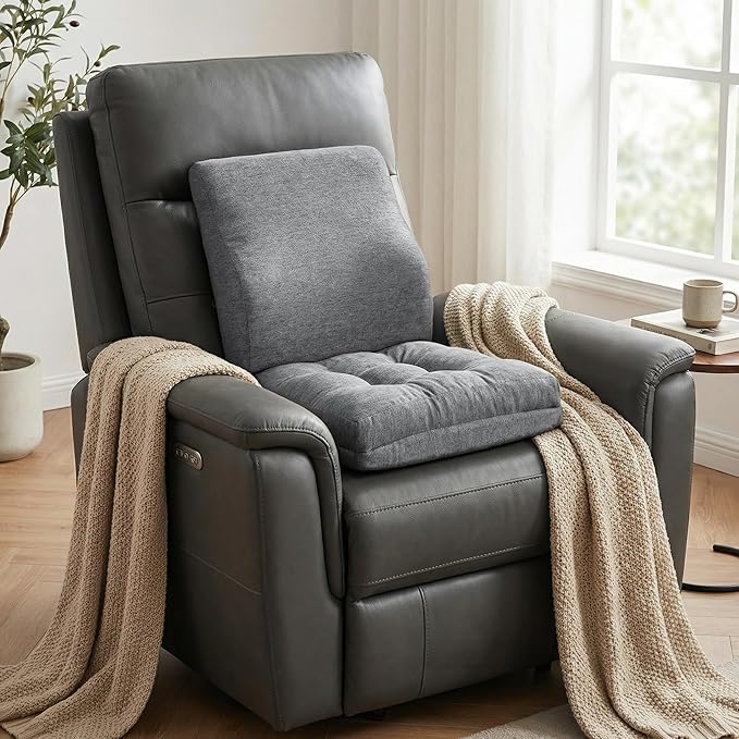 baibu Memory Foam Small Recliner Cushions with Lumbar Support Pillow Set, 18x16x4 Inch Dual-Layer Design Non-Slip Recliner Seat Cushion & Back Support Pillow for Reduce Hip & Lumbar Pain, Grey