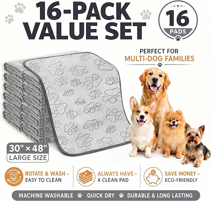 Qeils Reusable Puppy Pads, 16 Pack Washable Pee Pads for Dogs, Non Slip Wee Wee pad, Absorbent and Leakproof Training Mats for Potty, Crate, Playpen, Bed, Sofa, 48"x 30"