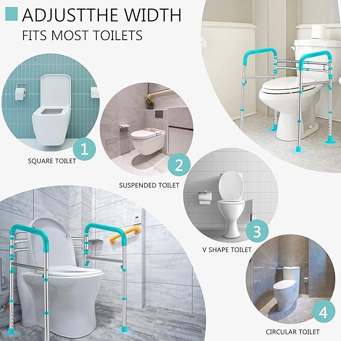 Lianjindun Toilet Safety Rails, Adjustable Toilet Frame for Elderly, Seniors, Handicap & Disabled, Foldable Handicap Toilet Handles Fit Any Toilets（Peacock Blue）