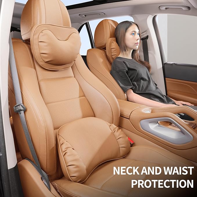 Lumbar Support Pillow for Car Seat, Memory Foam Leather Lumbar Pillow for Lower Back Pain Relief - Back Cushion for Driving - Chair Support for Office Chair, Palomino Brown, 1 Pack