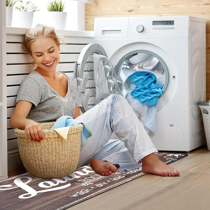XLHOMO Laundry Room Rug Runner, 17"x60" Non Slip Brown Nappa Leather Laundry Rugs, Farmhouse Washable Floor Laundry Mats for Laundry Room, Kitchen, Washroom, Bathroom, Mudroom, Hallway Entryway Decor