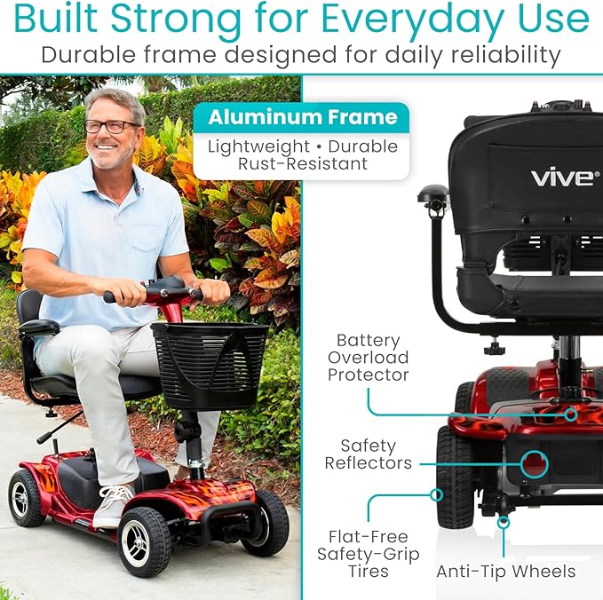 Vive 4 Wheel Mobility Scooter - Electric Powered Wheelchair Device - Compact Heavy Duty Mobile for Travel, Adults, Elderly (Red Fire)