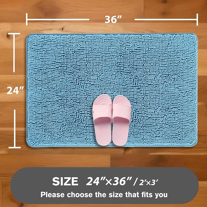 Sky Blue Bathroom Rugs – Absorbent and Washable Bath Mat, Non-Slip, Thick Soft Chenille Bath Rugs for Bathroom Floor, Shower, Sink - 24" x 36"