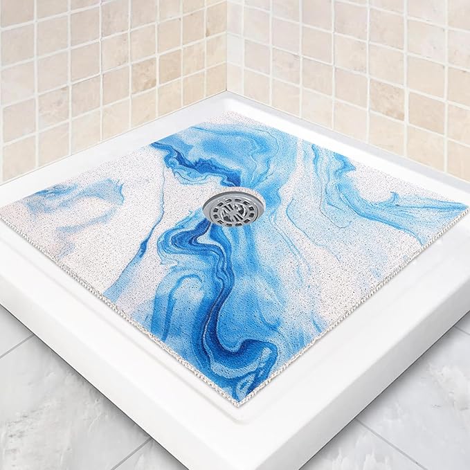Square Shower Mat Non Slip: 36 x 36 Inch Extra Large Shower Mats with Drain Hole in Middle - PVC Loofah Anti Slip Shower Floor Matt for Inside Shower
