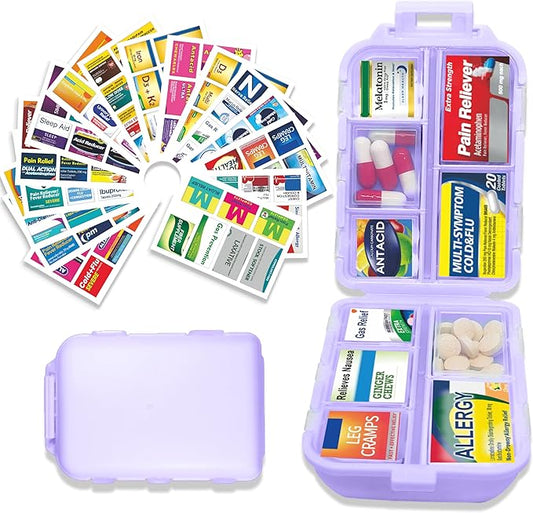 Pill Organizer with Medicine Labels 146 Labels Travel Daily Pill Container Mini Medication Organizer Storage Pill Organizer Travel Essentials Pill Case 7 Day (Purple, 1 Pack(Large))