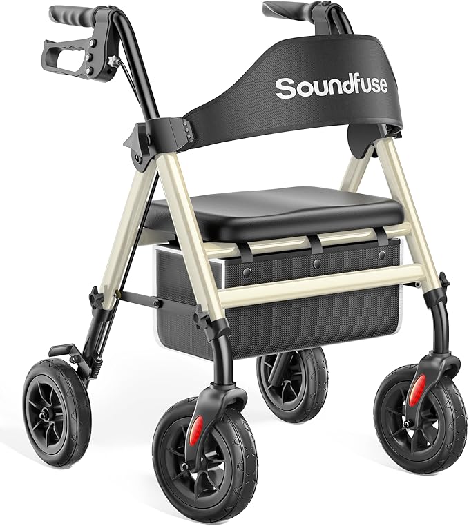 SOUNDFUSE Rollator Walkers for Seniors with Seat, Foldable Lightweight Rolling Walker with 8" Big PU Wheels, Ergonomic Seat, Dual Height Adjustment