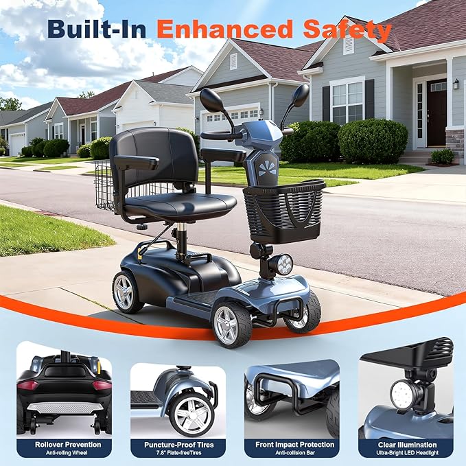 15/25/30/50Miles Eldryvon 4 Wheels Electric Mobility Scooter for Seniors, Dual Basket, 350W Powered Wheelchair with Rotating Seat, Mirrors, Foldable Motorized Scooter for Adults (Grey, 25Miles)