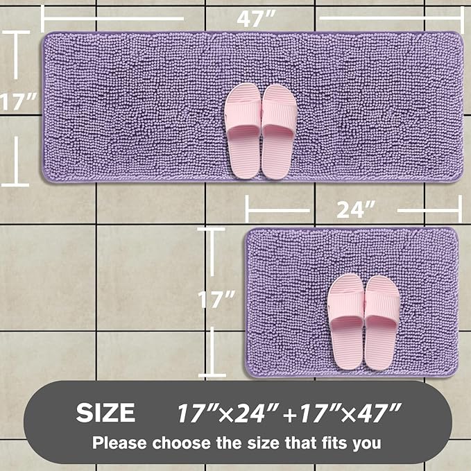 Bathroom Rugs Sets 2 Piece – Absorbent and Washable Bath Mat, Non-Slip, Thick Soft Chenille Bath Rugs for Bathroom Floor, Shower, Sink(17" x 24"+17" x 47", Lavender)