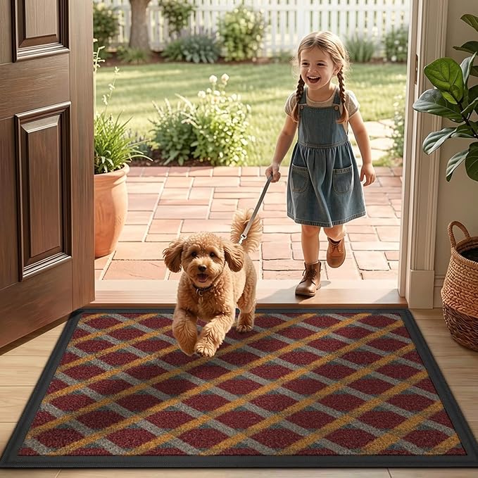 LUMI Front Door Mat 17x30, Low-Profile Non-Slip Welcome Mat for Indoor Outdoor, Stain & Fade Resistant Geometric Door Mat for Entryway Patio Porch, Weave-Rust