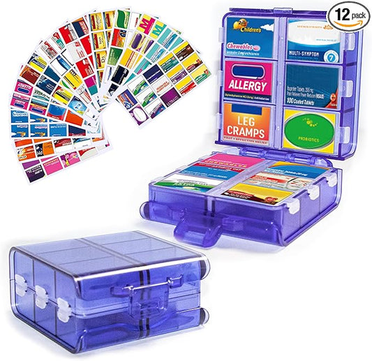 Large Pill Organizer with Medicine Labels, Pill Dispenser 12-Compartment Travel Medication Storage Case, 7-Day Pill Box for Vitamins & Supplements (Blue, 161 Labels)