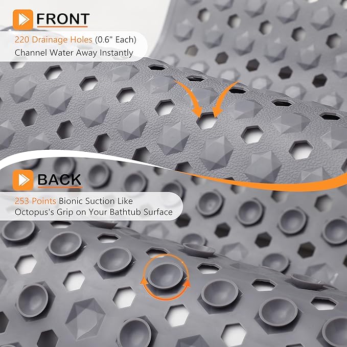Yimobra Bath Tub Mat Non Slip, 34.5"x15.5" Long Shower Mat, Machine Washable Bathmat with Drain Holes and Suction Cups, Soft on Feet, Bathroom Essentials, Grey