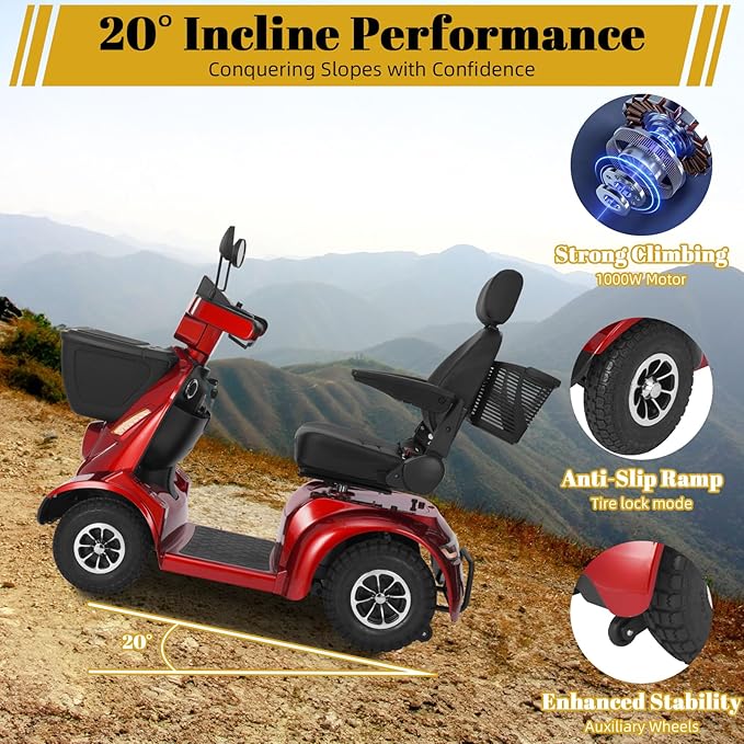 MS02 MAX All Terrain 1000W Electric Mobility Scooter for Adults& Seniors - 500LBS Load & 32 Miles Range Powerd Wheelchair Device w/Off-Road Absorber, Bluetooth Speaker, Dual Baskets, LED Light System