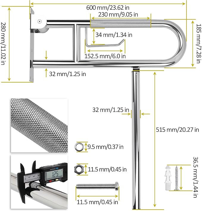 Handicap Grab Bar,23.6 Inch Stainless Steel 1.25" Diameter Toilet Safety Rails for Bathroom with Paper Holder, Anti-Slip Flip-Up Support Rail for Seniors Elderly