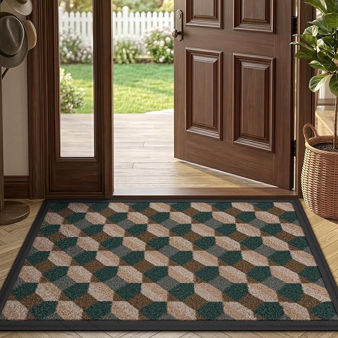LUMI Front Door Mat 24x36, Low-Profile Non-Slip Welcome Mat for Indoor Outdoor, Stain & Fade Resistant Geometric Door Mat for Entryway Patio Porch, Geo-Olive