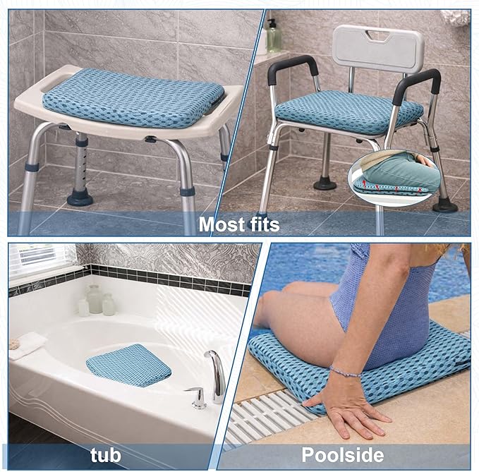 SPRING SEAON Shower Chair Cushion, Gel Shower Seat Cushion with Non-Slip Silicone Bottom, Quick-Dry Mesh Bath Seat Pad, Soft Washable Shower Bench Cushion for Seniors & Adults (Blue)