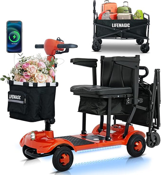 LIFEMAGIC Electric Mobility Scooter for Seniors & Adults – 42lb Ultra Lightweight Foldable, 24-Mile Long Range, Airline & Cruise Approved, Removable Basket & Folding Trailer Included