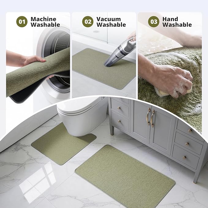 Bathroom Rugs Sets 2 Piece, Thin Bath Mat & U-Shaped Contour Toilet Rug Absorbent Quick Dry, Machine Washable, Non Slip Low Pile Bath Mats for Bathroom/Tub/Sink/Shower (30"x20" +24"x20" U, Sage Green)