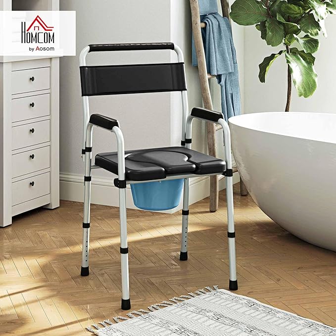HOMCOM 4 in 1 Bedside Commode Shower Chair Portable Toilet Raised Toilet Seat with Handle for Seniors, Adults, Handicap, Adjustable Height, Black