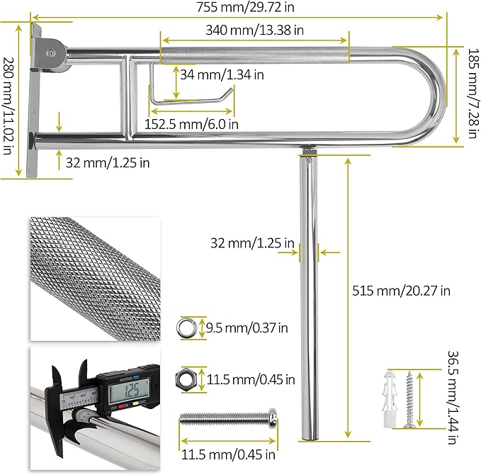 Handicap Grab Bar,29.5 Inch Stainless Steel 1.25" Diameter Toilet Safety Rails for Bathroom with Paper Holder, Anti-Slip Flip-Up Support Rail for Seniors Elderly