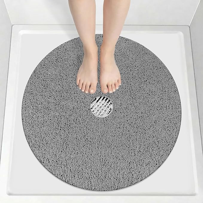 Non Slip Shower Mat: 32x32 inch Round Shower Mats for Inside Shower with Central Drain Hole, Soft Loofah Shower Floor Mat for Standing Shower Stall, RV, Tile Fiberglass Shower Pan, Quick Dry